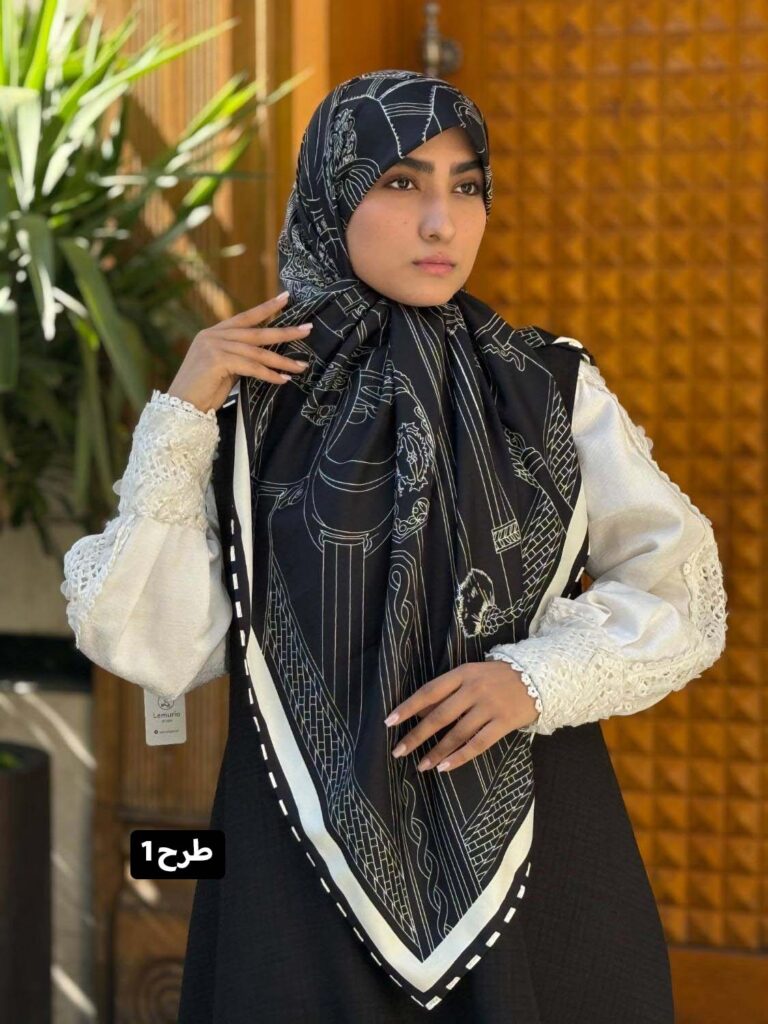 روسری ابریشم ژاکارد سفید مشکی